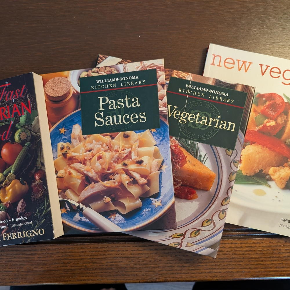 2 Williams Sonoma Red and Black Kitchen Cookbooks & 2 Vegetarian Cookbooks